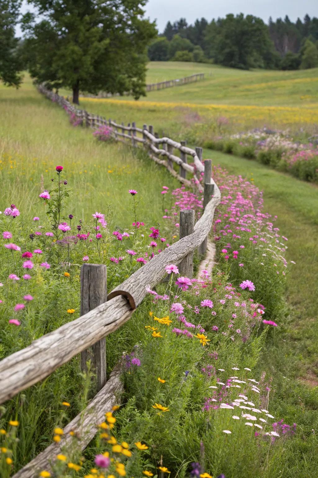 A curved log fence winds through a landscape, adding dynamic movement to the scene.
