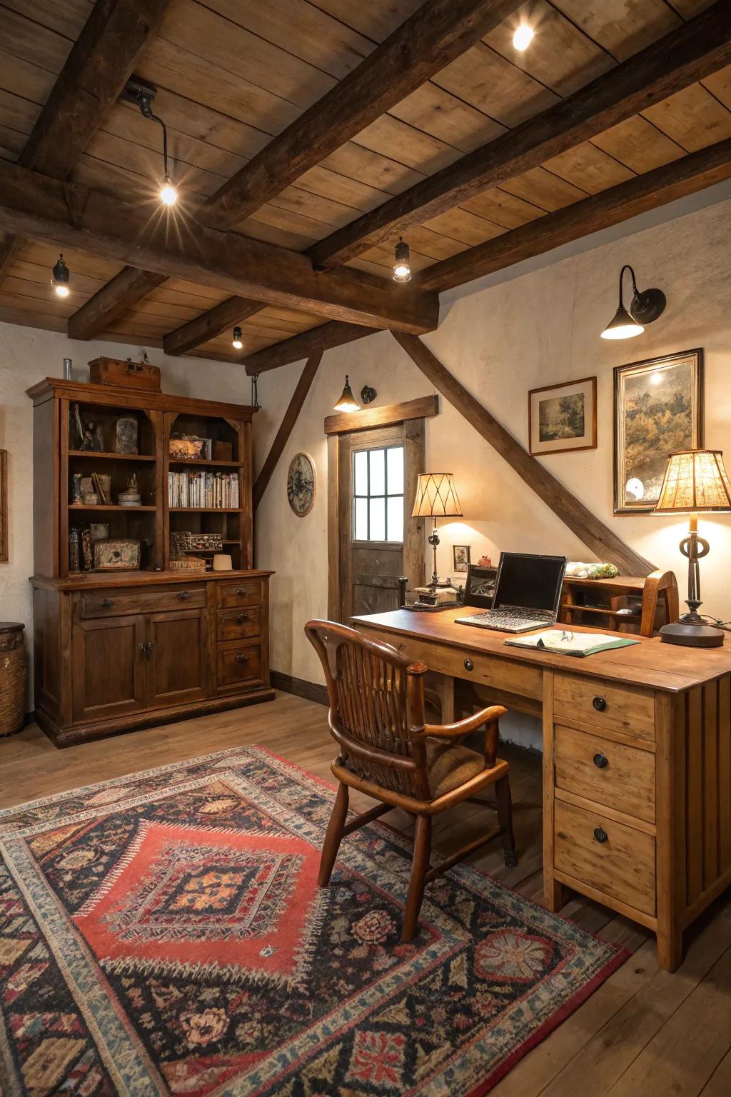 A time-honored rug injects heat and persona into a country-style office.