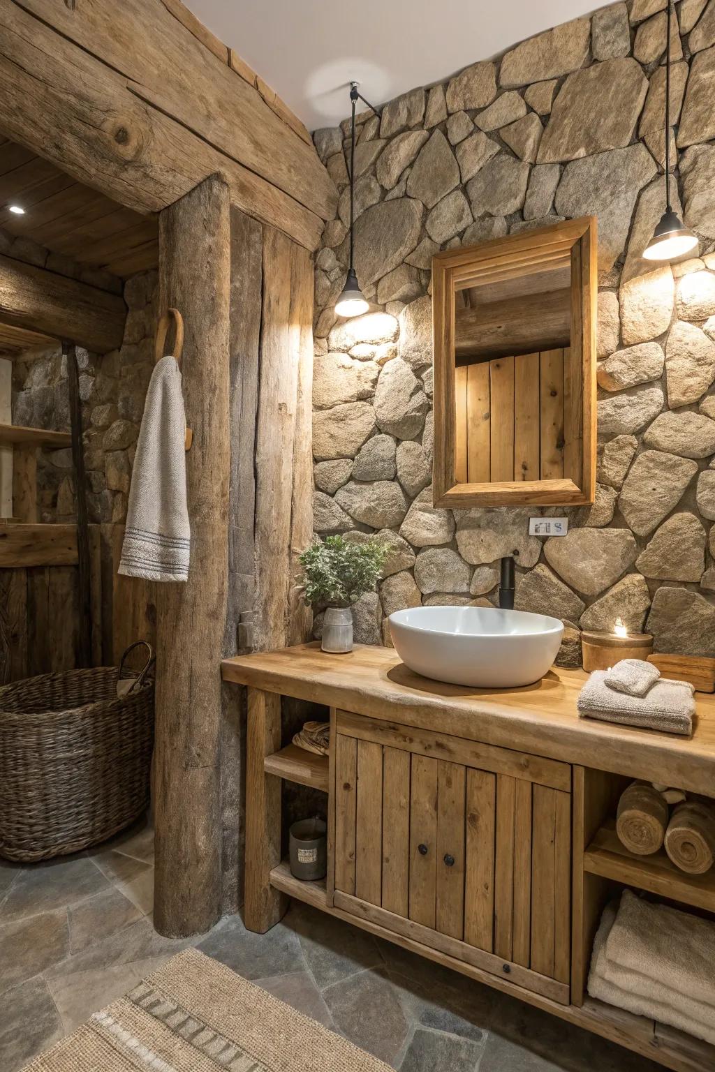 A rock feature wall introduces dimension and texture to the space.