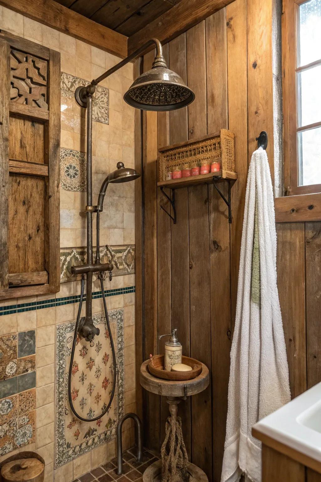 A weathered shower elevated through the presence of classic accessories, thereby appending an ageless allure.