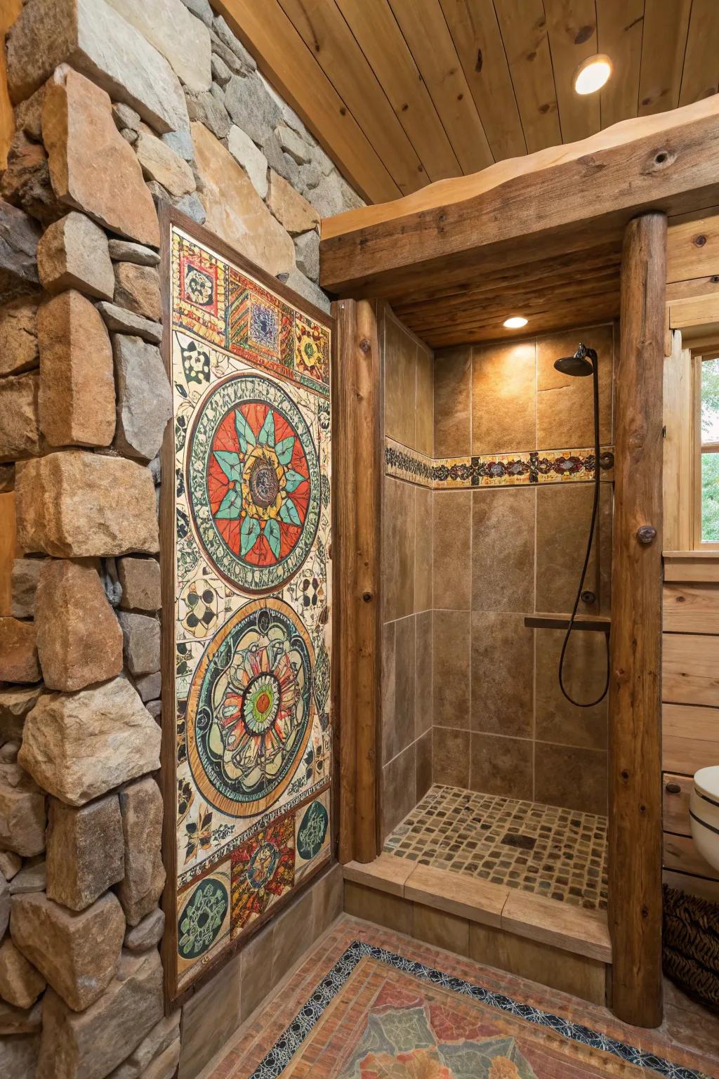 Decorated tile artworks contribute an artistic and personal flair to any shower space.