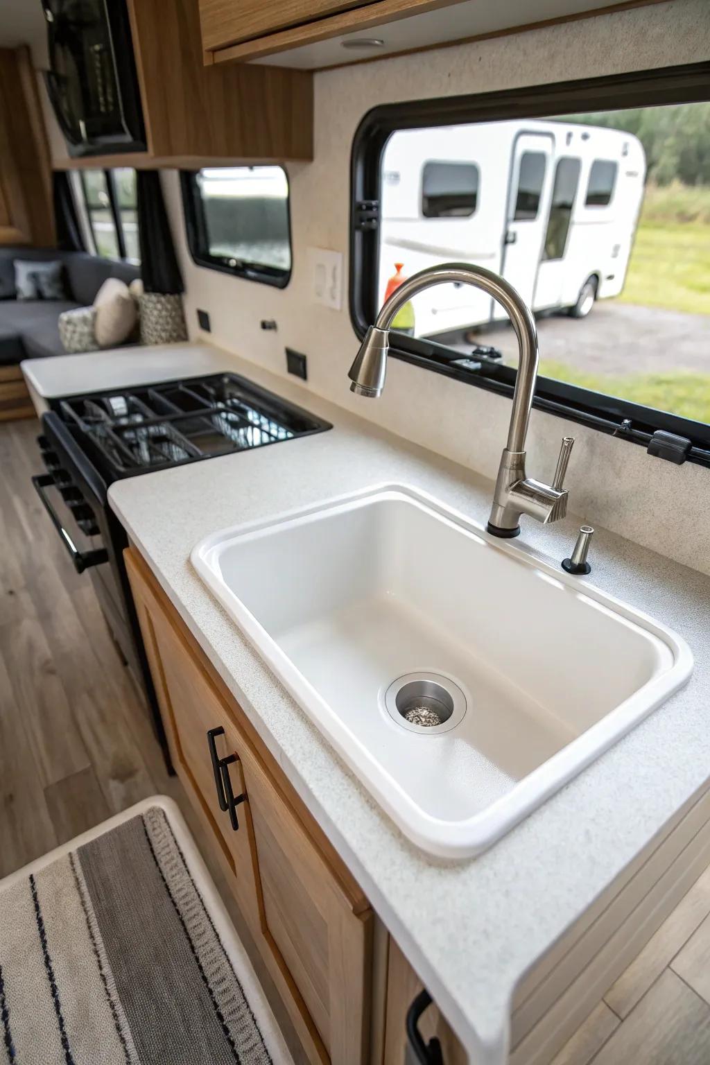 A single basin sink offering simplicity in an RV cooking area.
