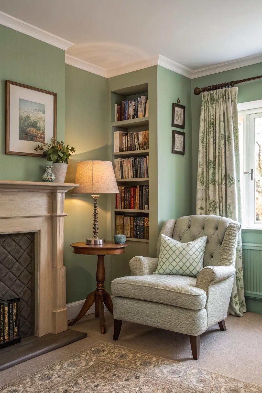 A reading corner provides a personal escape within a sage green space.
