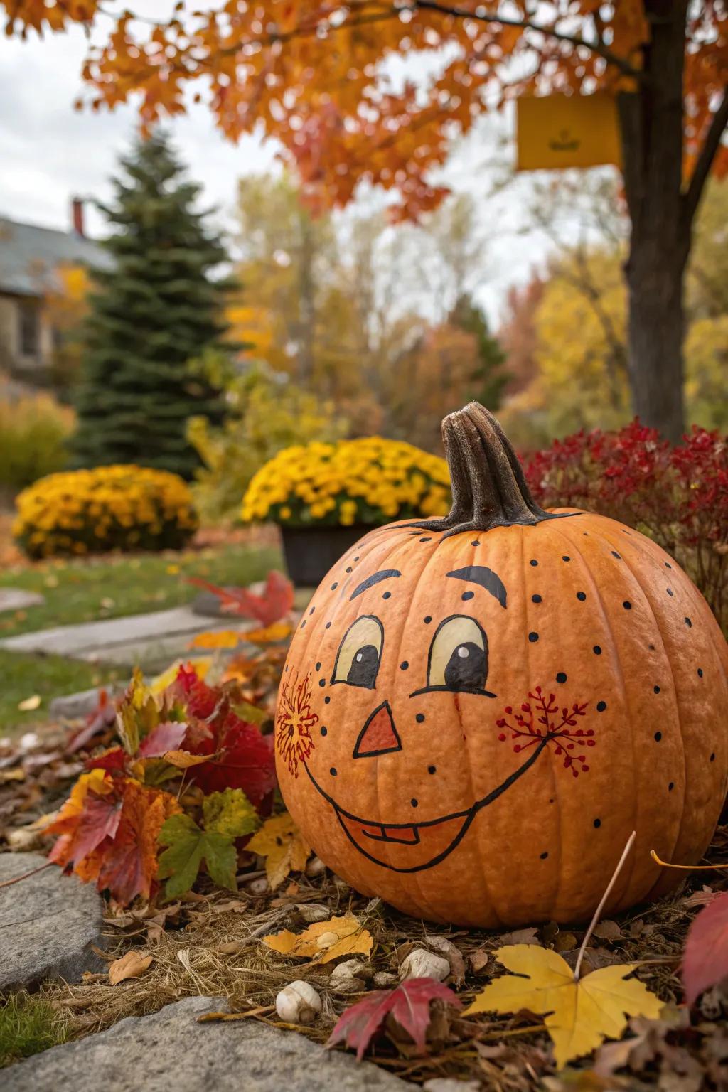 Freckles add a cute touch to this scarecrow pumpkin.