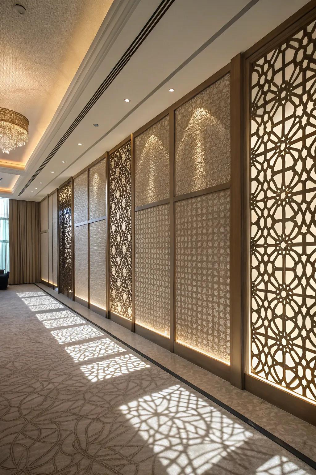Textured screen walls craft dynamic light and shadow effects.