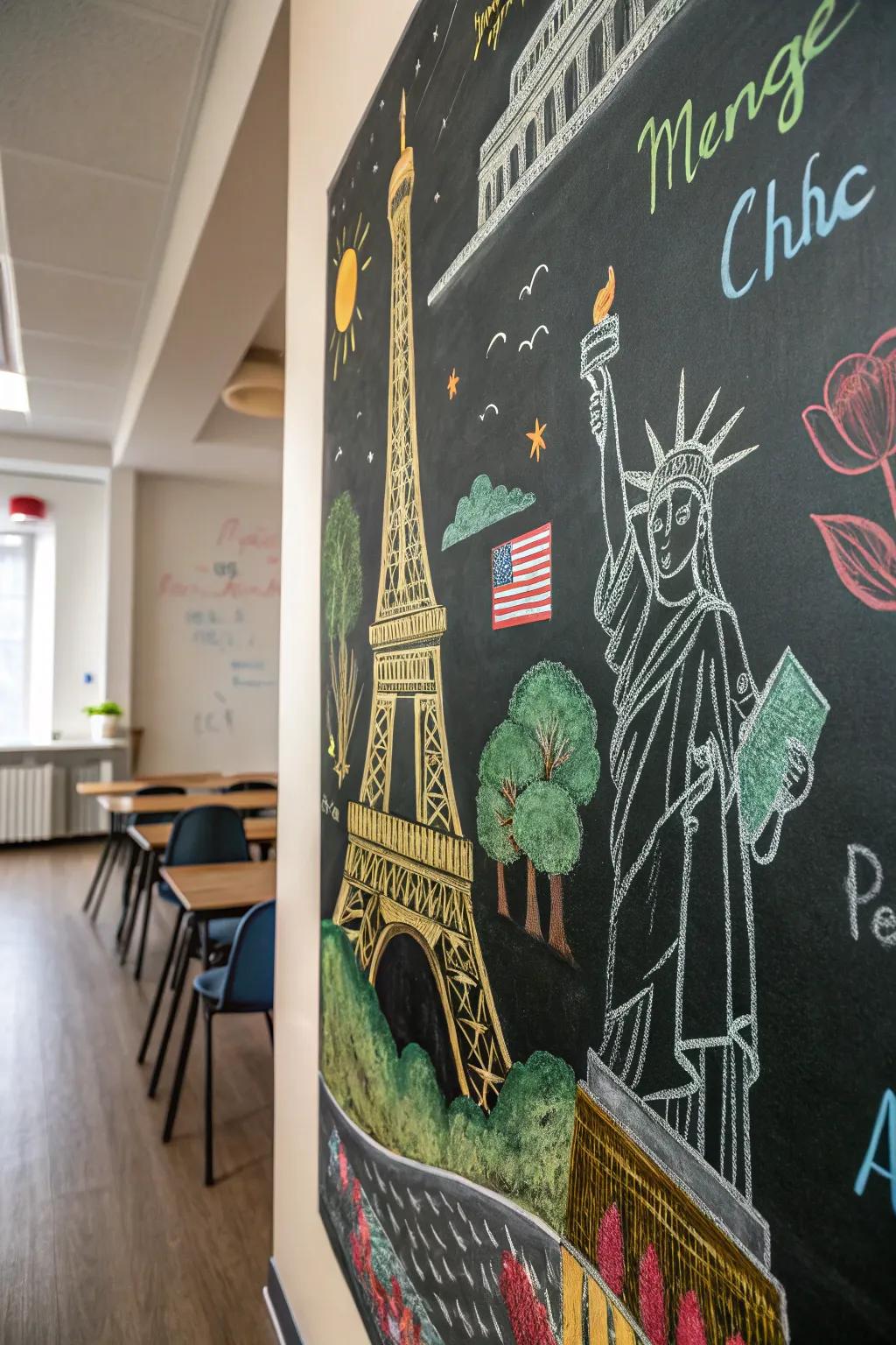 A journey memory board on a chalkboard featuring sketches of famous landmarks.