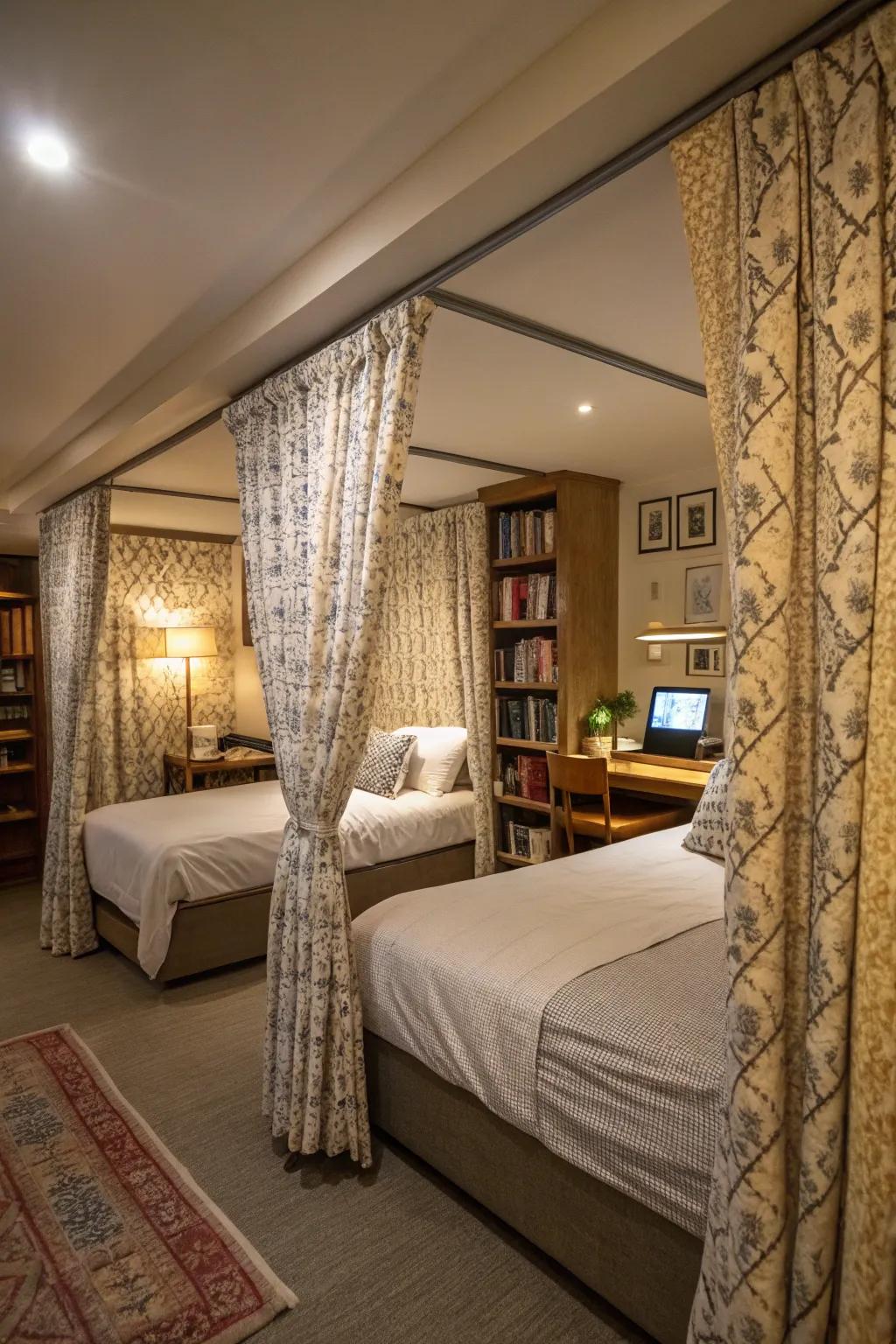Curtains provide private spaces within a shared room.