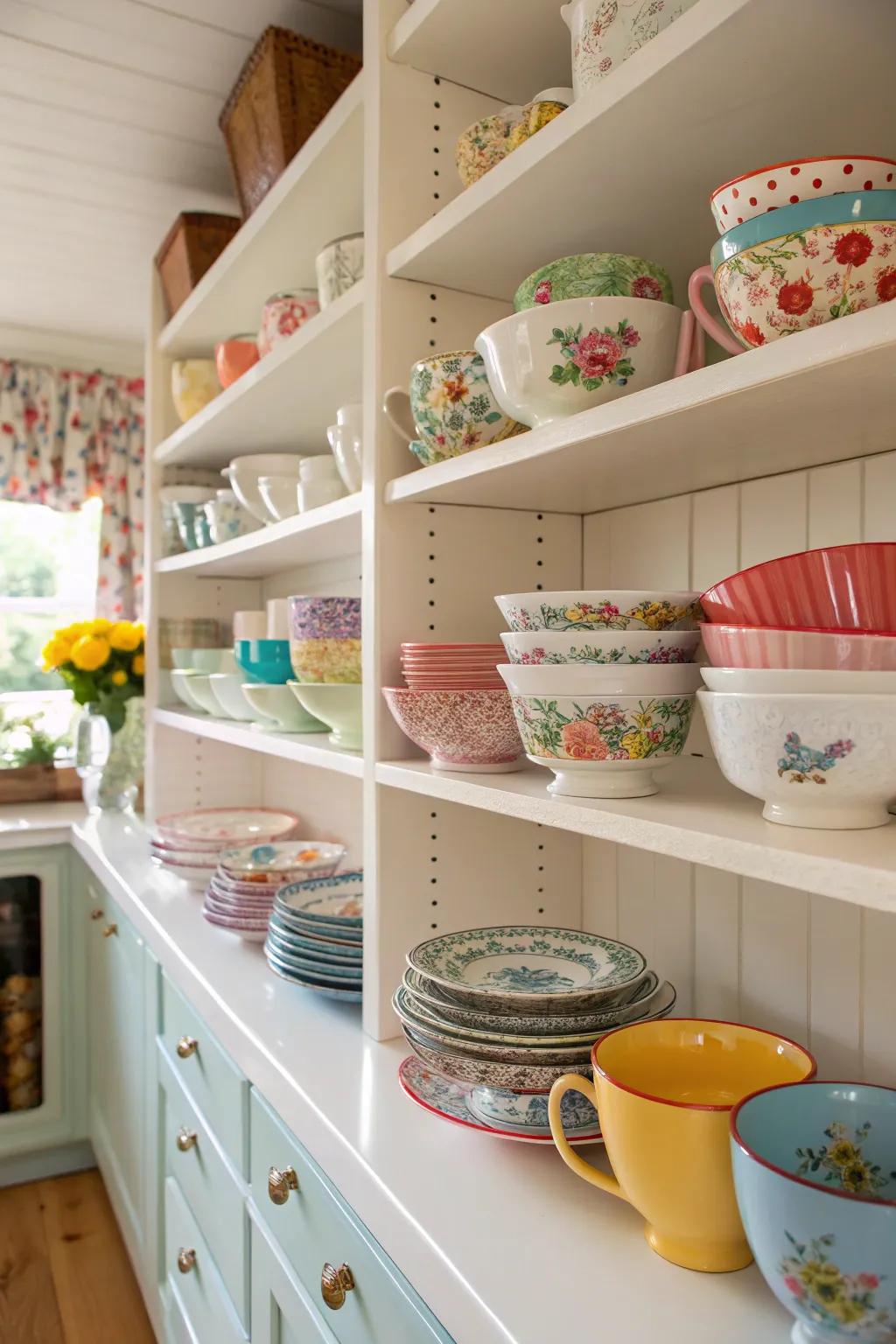 Kitchen shelves showcasing exquisite dishware.