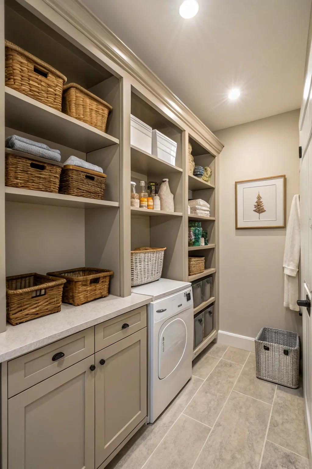 Built-in shelves in a utility area offer a seamless and cohesive storage option.