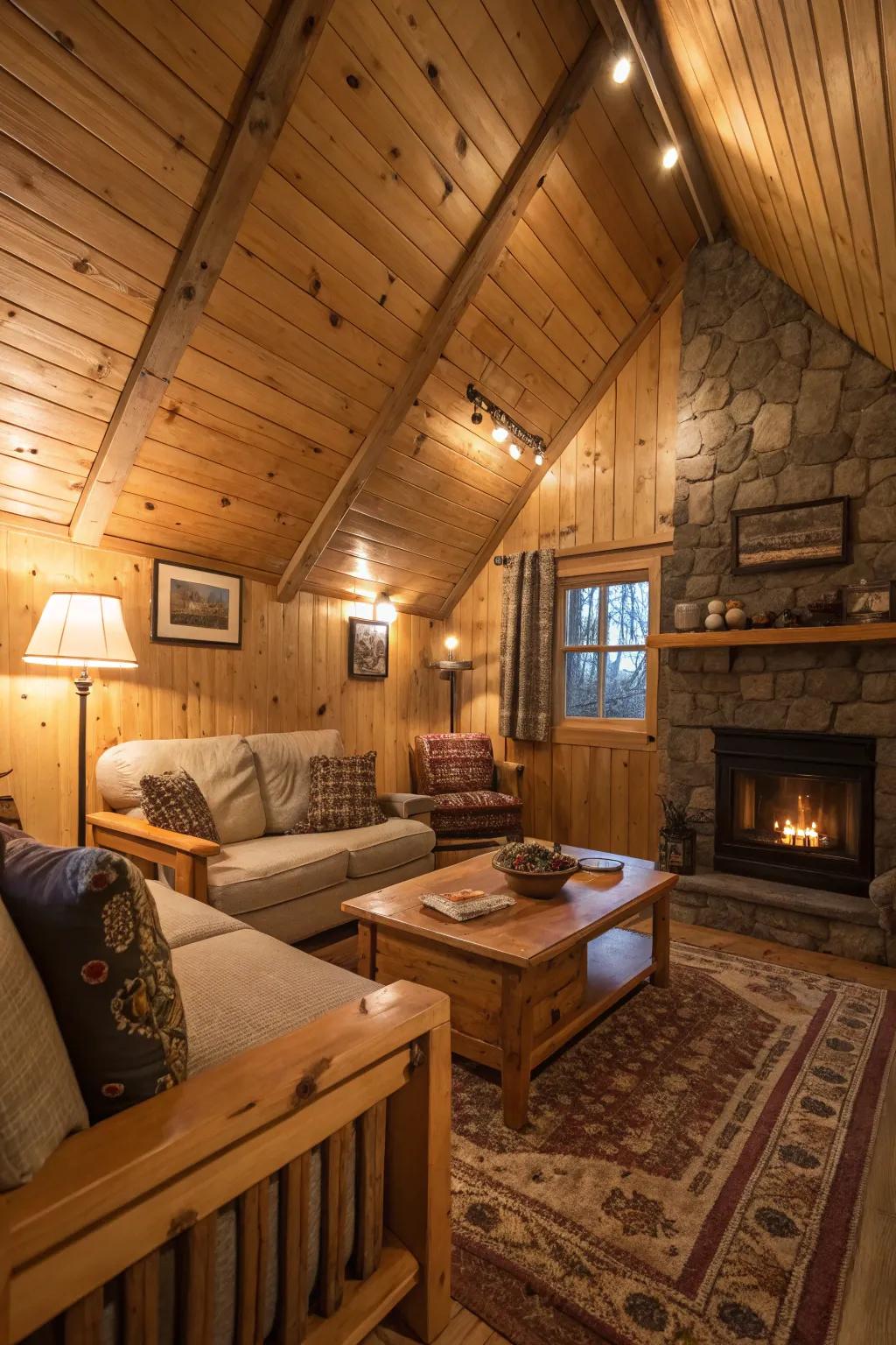 A rustic ambience with slender shiplap panels enveloping the ceiling.