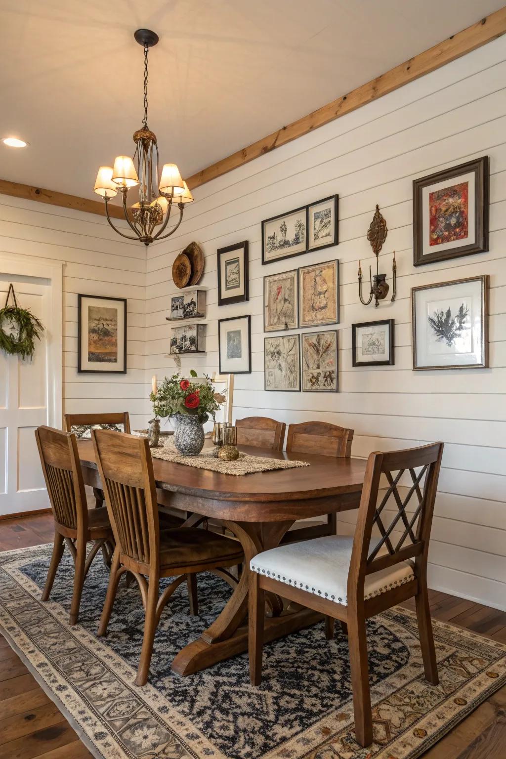 A dining room with creative style and wood-panel walls.