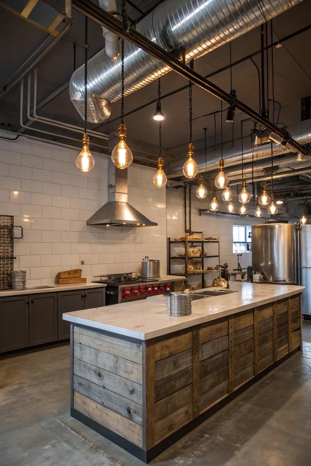 Factory kitchen with a shiplap island and city elements.