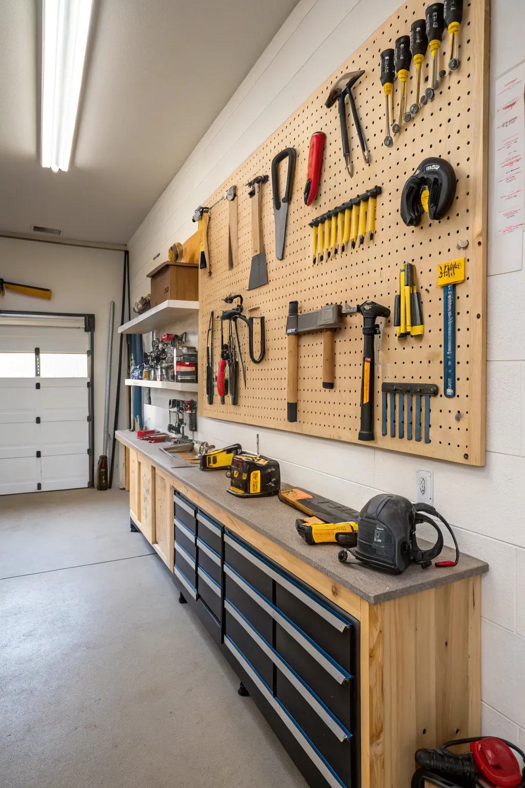 A French cleat system enabling flexible tool storage.