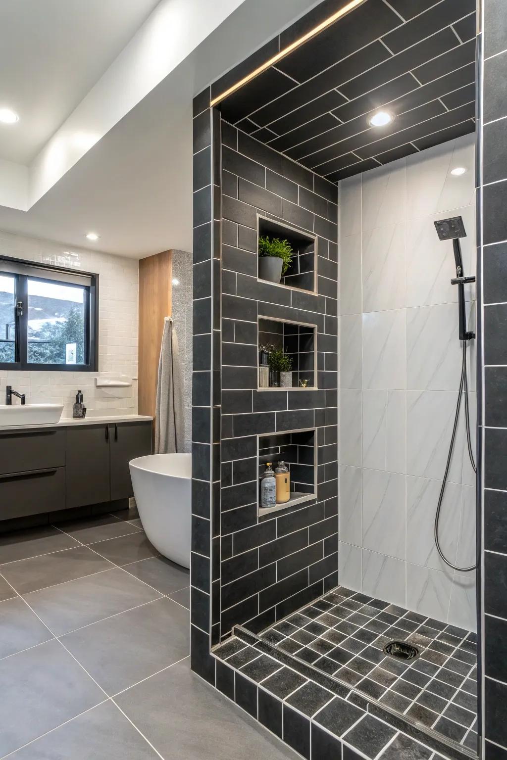 Striking edge tiles adding visual interest to a shower recess