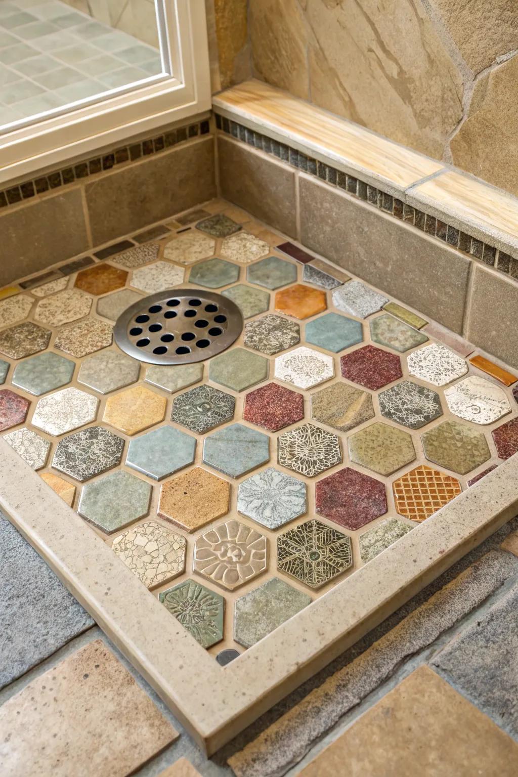 Eco-friendly reused units in various colors and textures make this shower pan both beautiful and sustainable.