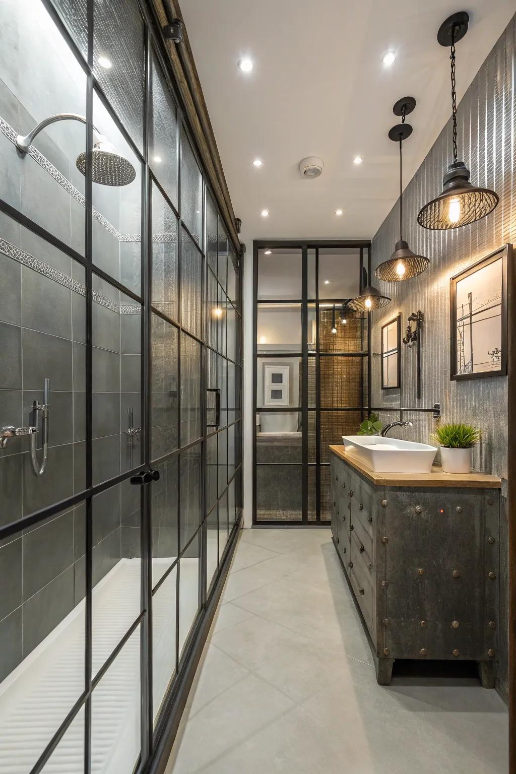 Metal boards help make a factory chic shower design.