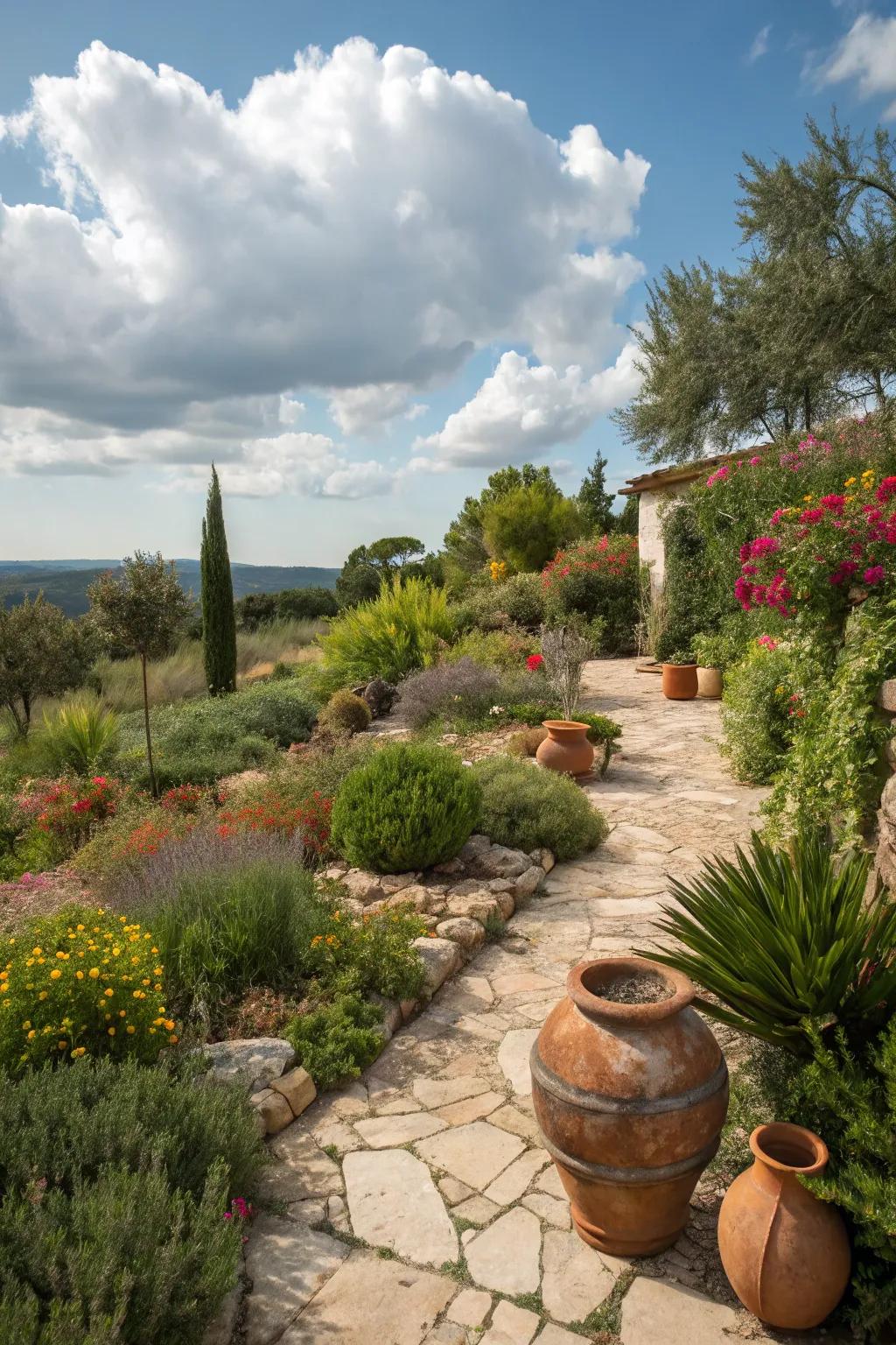 A Mediterranean-inspired garden features hearty, drought-resistant bushes.