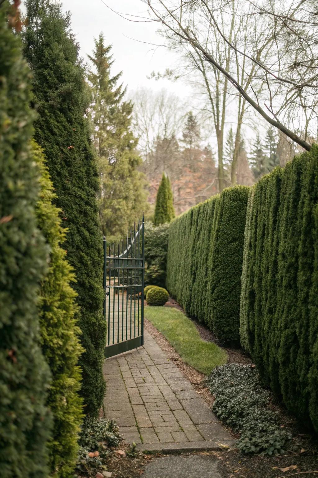 Private side yard featuring evergreen thickets.