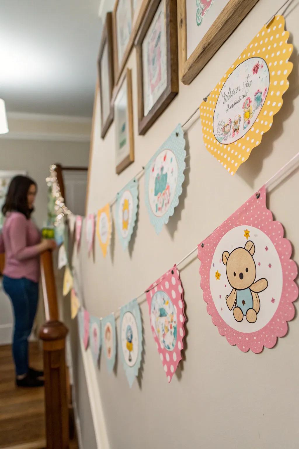 An artisanal paper chain featuring baby-inspired cutouts for a personal detail.