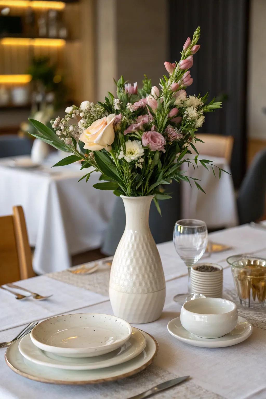 A single, refined vase brings a touch of simple elegance, effortlessly transforming the setting.