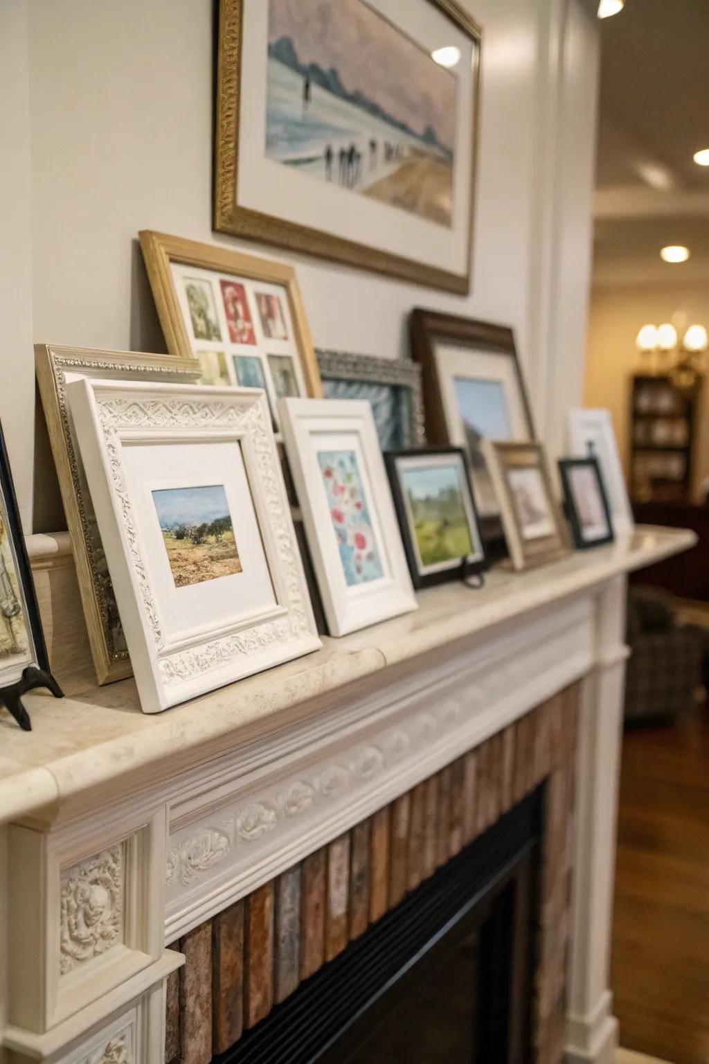 This everyday mantel is made more elegant by a gallery of art pieces.