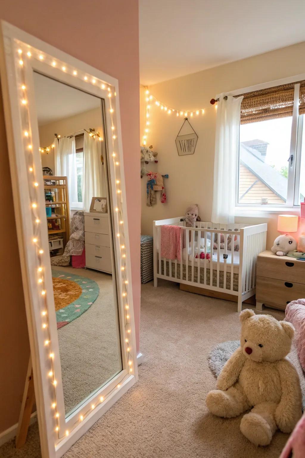 Reflective surfaces augment the baby's room's impression of space and illumination.