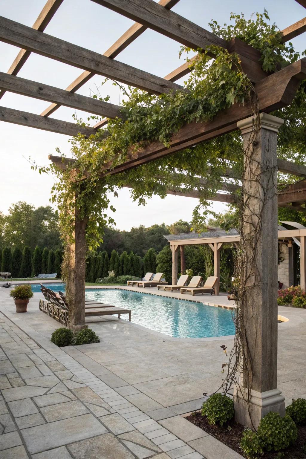 A stylish pergola giving shade and comfort by the pool.