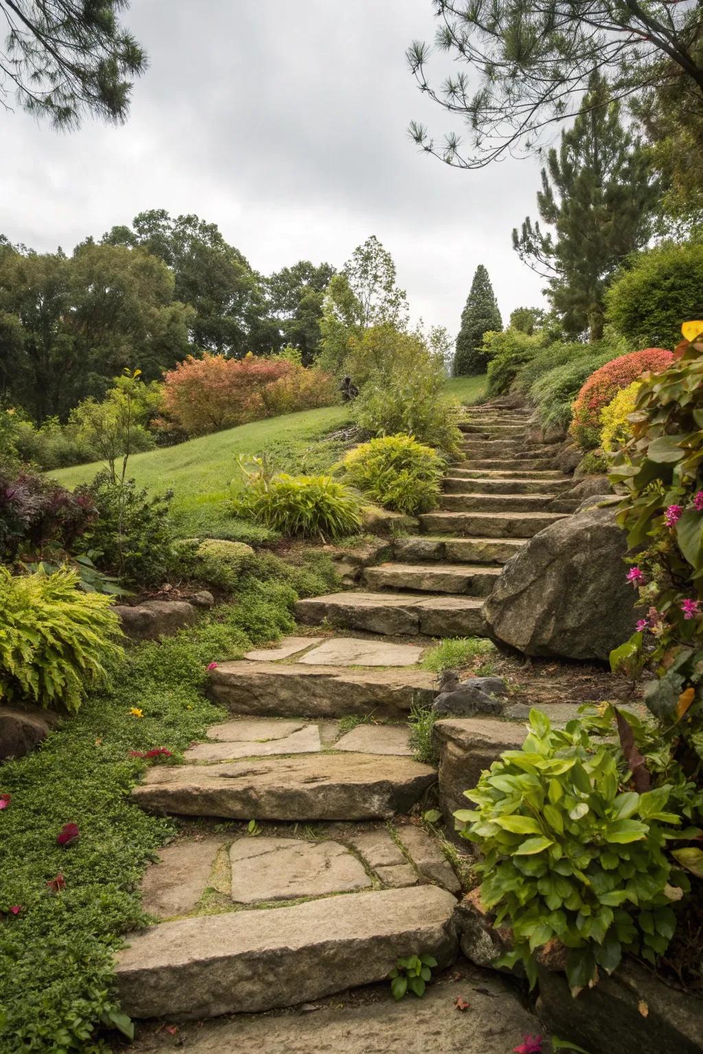 Stone steps harmonize functionality with organic splendor.
