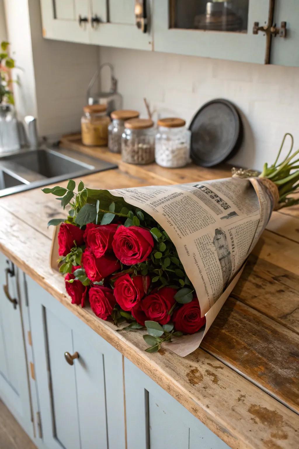 An environmentally sound floral arrangement enveloped in repurposed press.