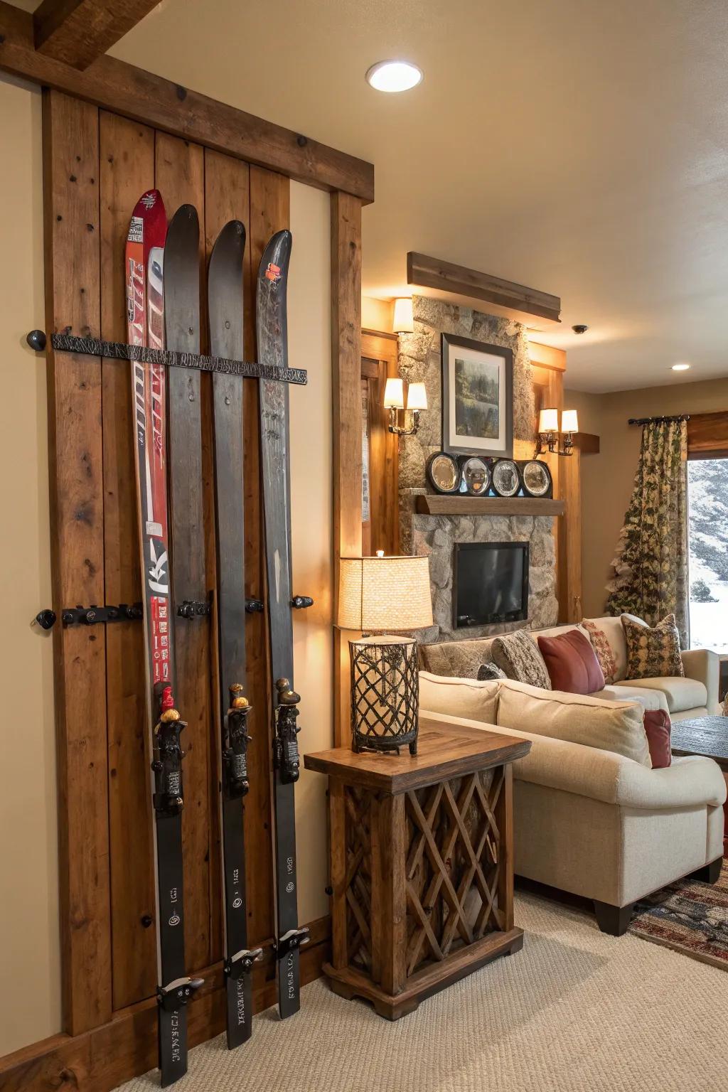 A decorative display rack turns ski storage into a visual centerpiece.