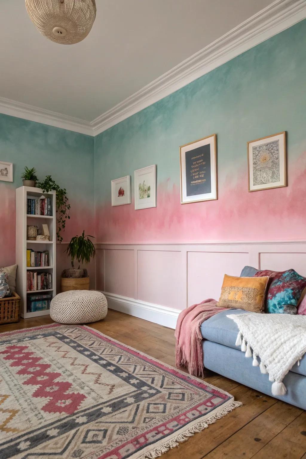 Ombre paint impacts on baseboards make a creative pizazz.