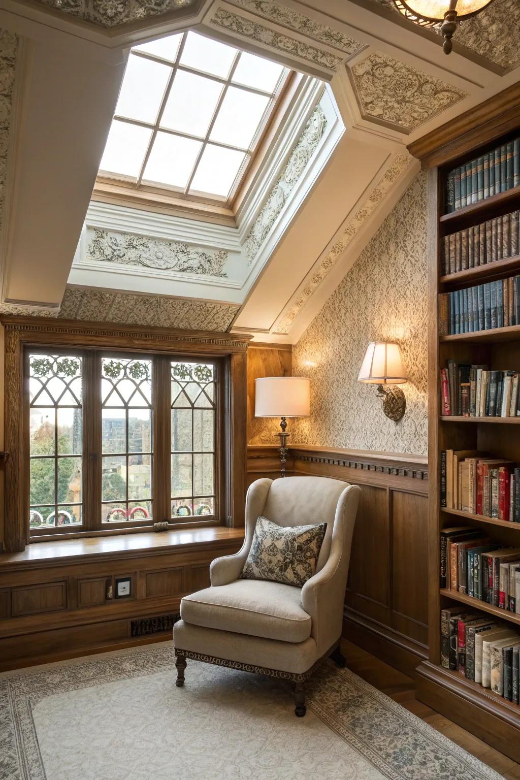 A reading spot with a skylight featuring old-style trim.