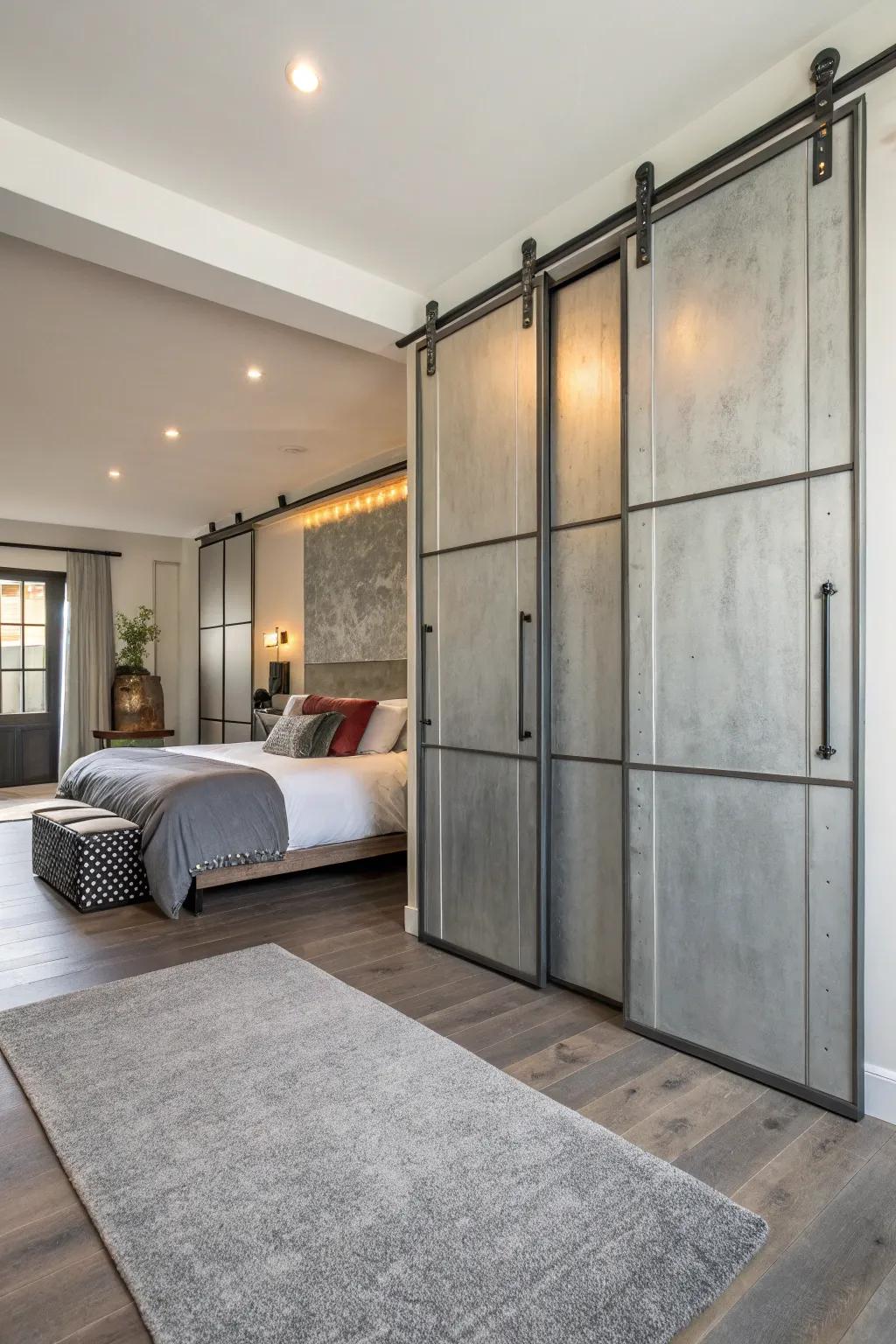 Modern industrial look through striking metal doors.