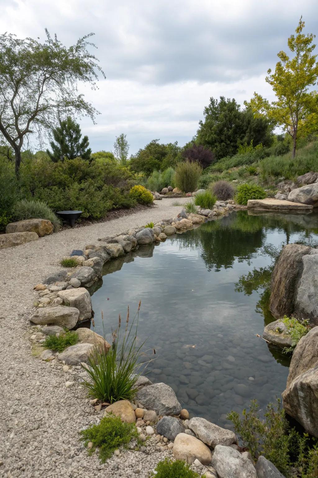 Stone bedding gives this pond a natural and minimal-care attraction.