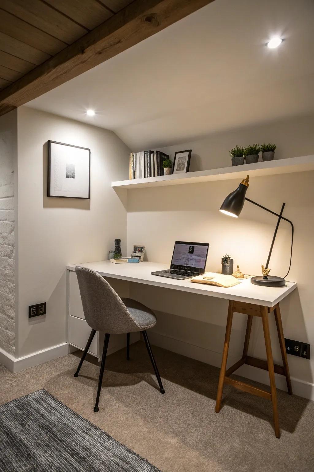 Design a functional workspace using a built-in desk.