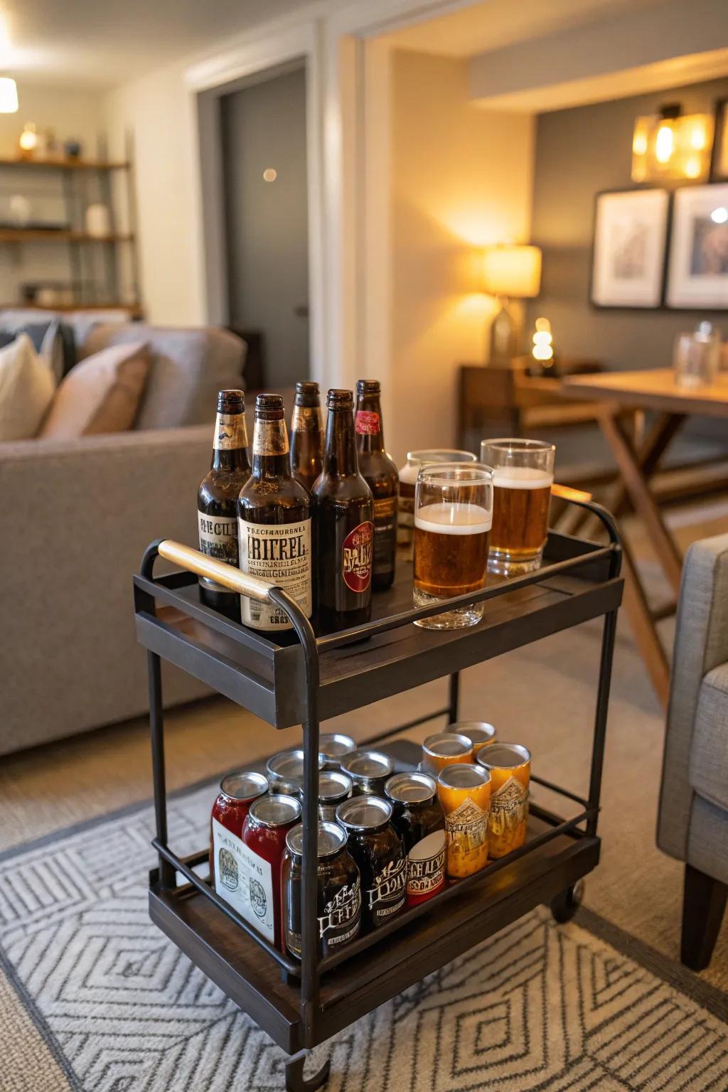Movable bar trolley brew display for dynamic entertaining.
