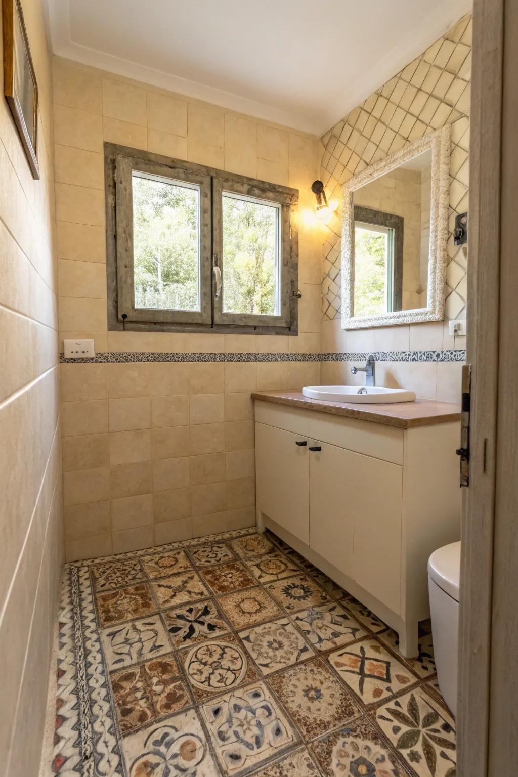 A small bathroom with charming patterned tiles.