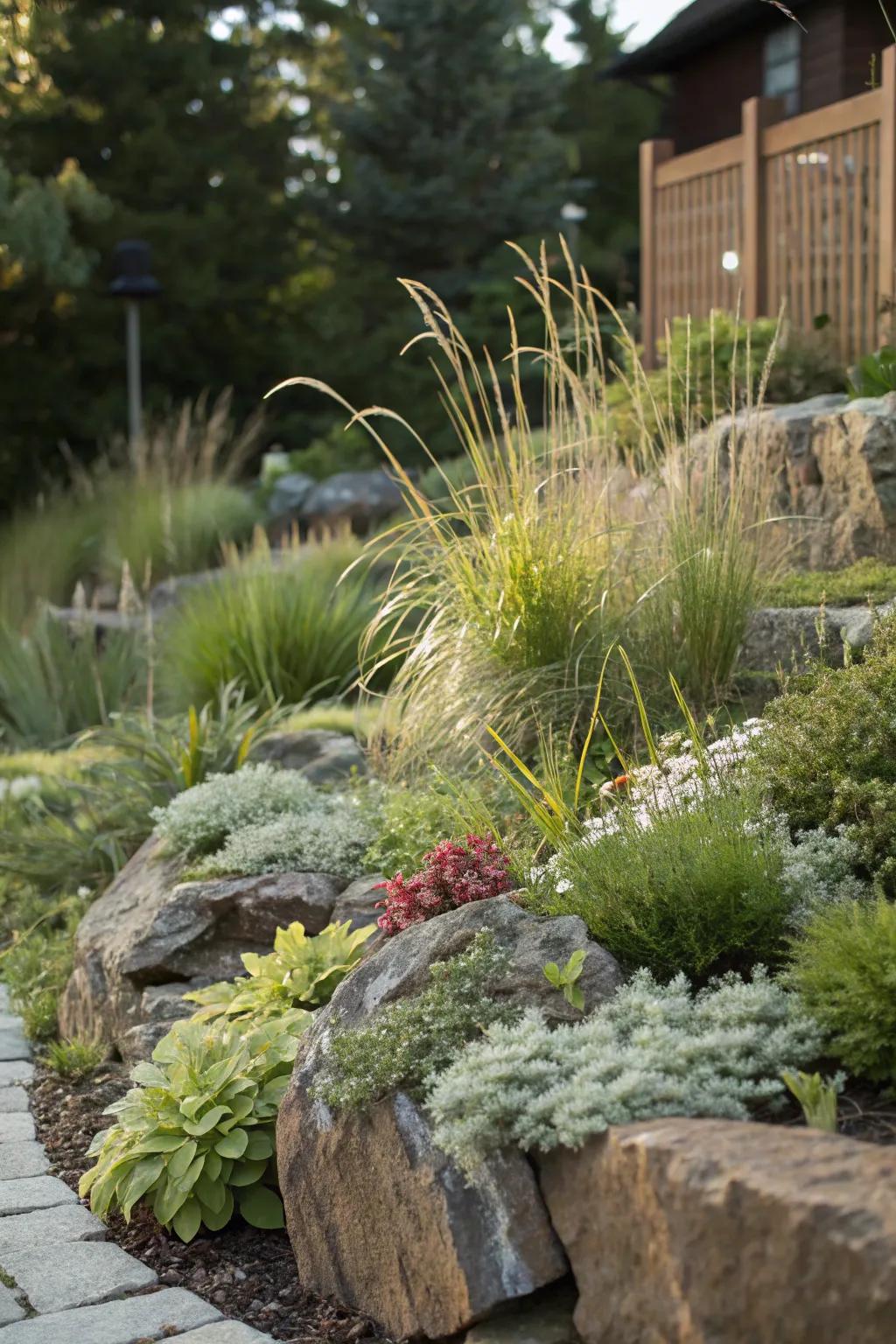 Tiered plant elevations enrich this rockery.