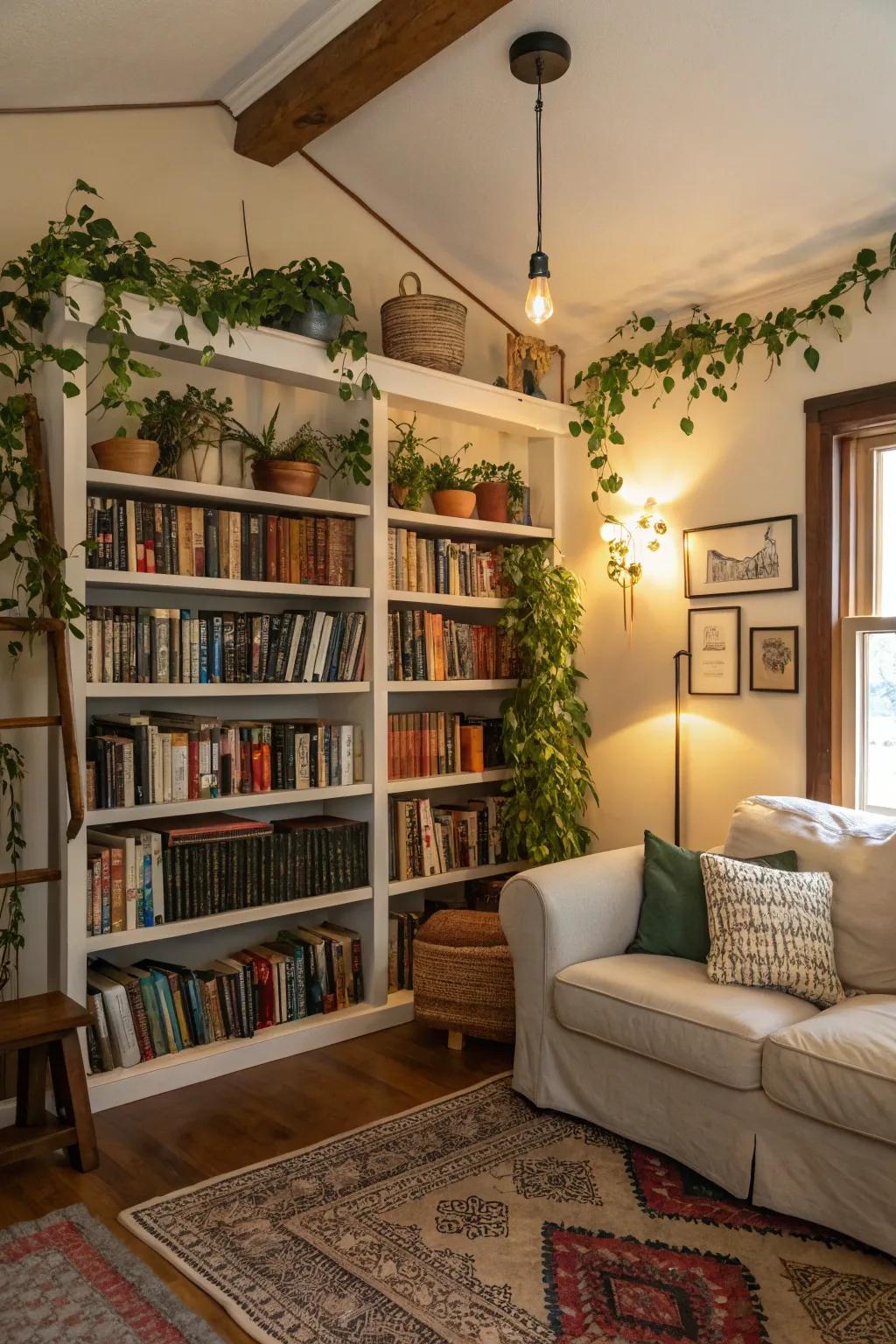 Upright space is maximized via supports and flora inside this lounging space.