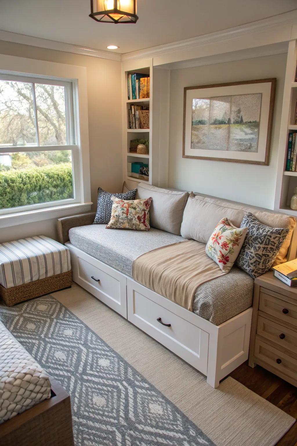 Multi-use furniture maximizes function in a compact hideout.