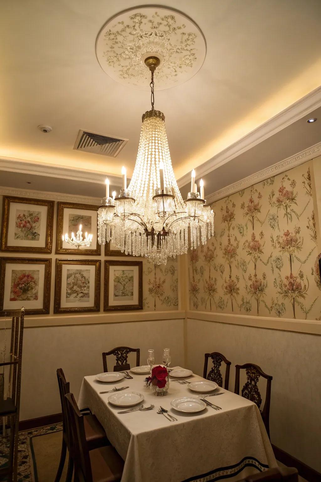 Tall chandeliers highlight high ceilings, which creates dimension in the space.