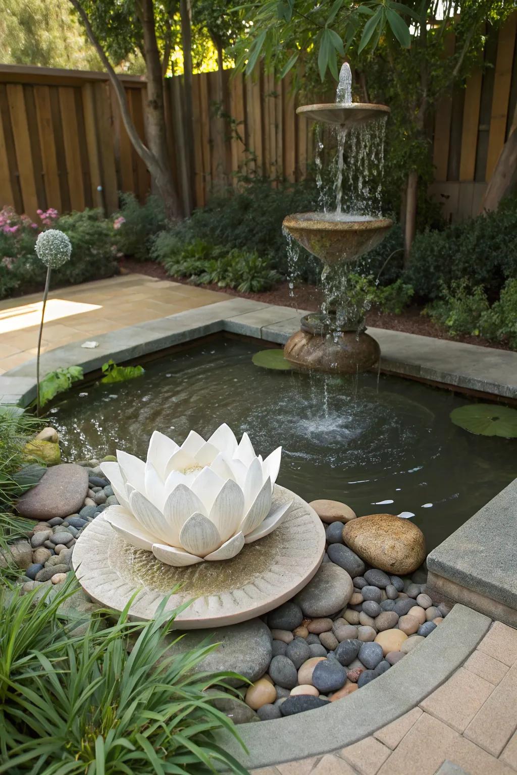 A drifting lotus water feature delivers serenity and class.