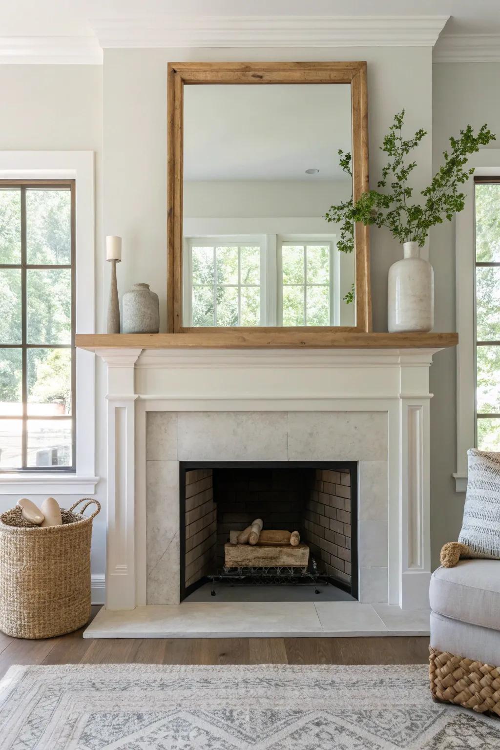 Reflectors above the fireplace bounce light around the room, making it feel more expansive and brighter.