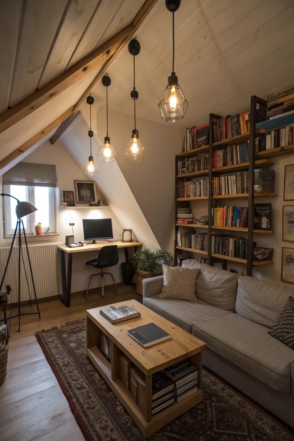 Layered lighting provides a cozy and versatile atmosphere.