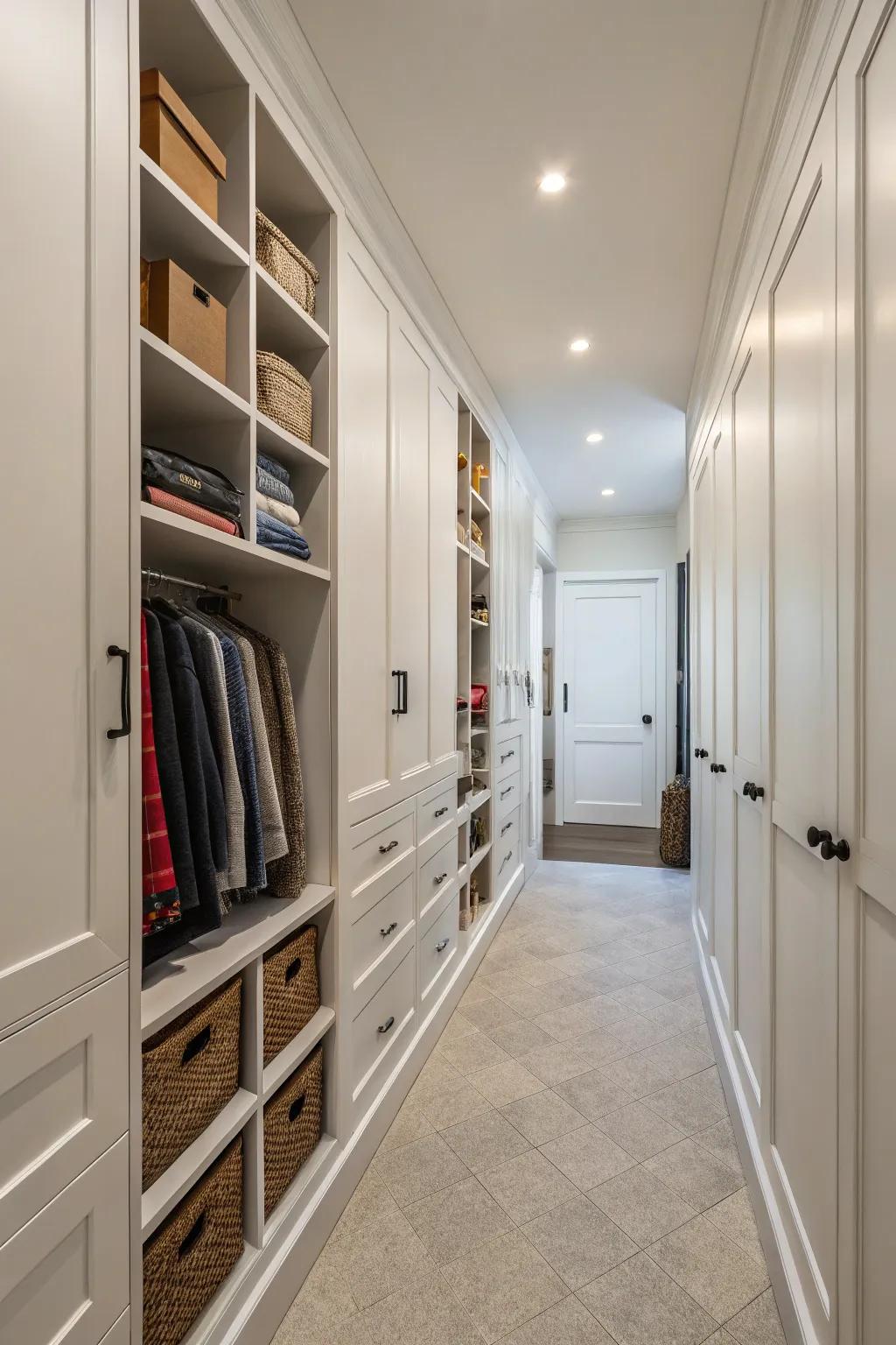 Hidden storage solutions can keep your narrow hallway neat and organized.