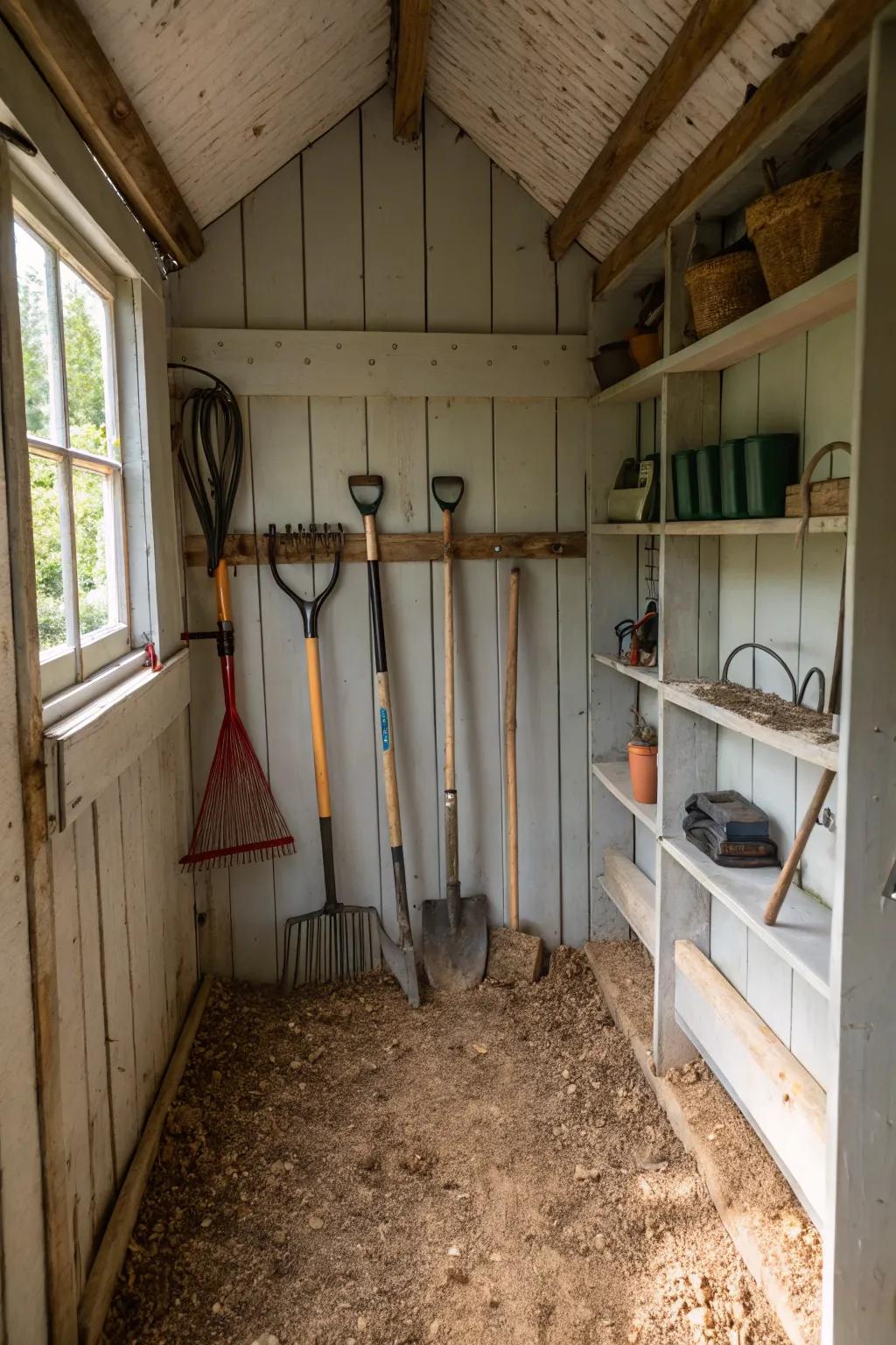 Efficient gardening implement storage inside a small shed.