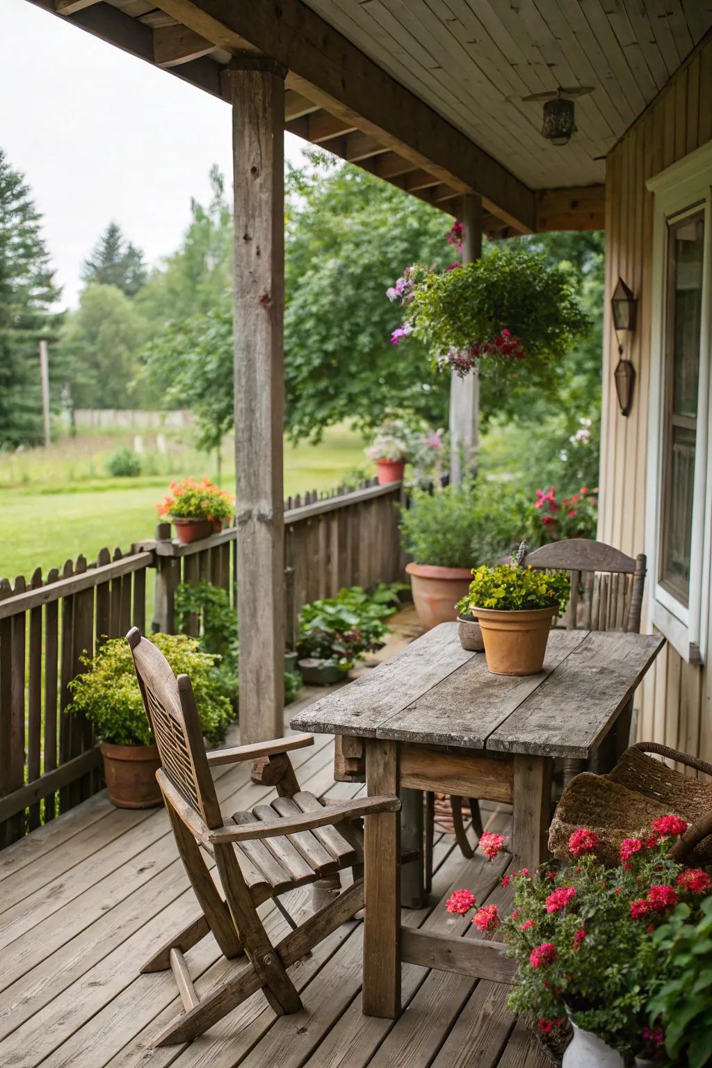 A side porch with rustic wooden furniture and natural decorations.
