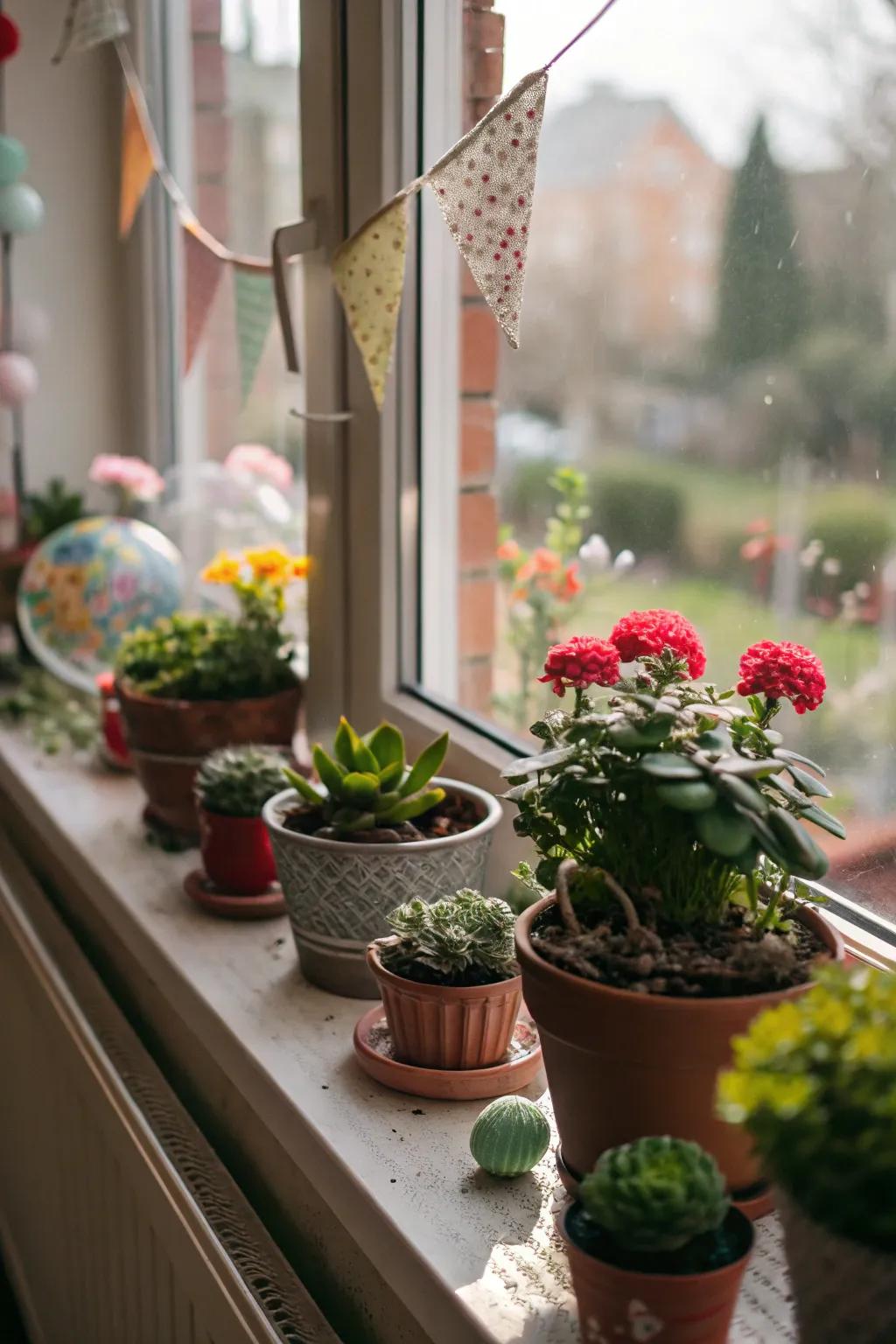 A window sill cleverly used to display greenery and decor.