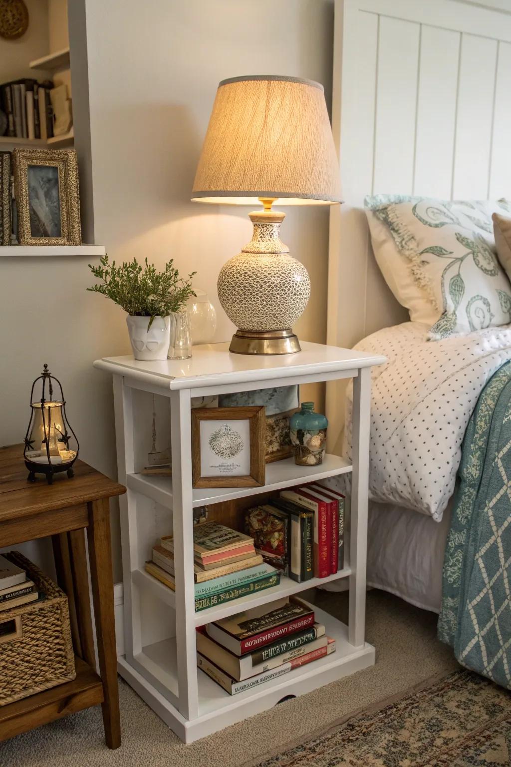 Shelving units provide ample storage at bedside.
