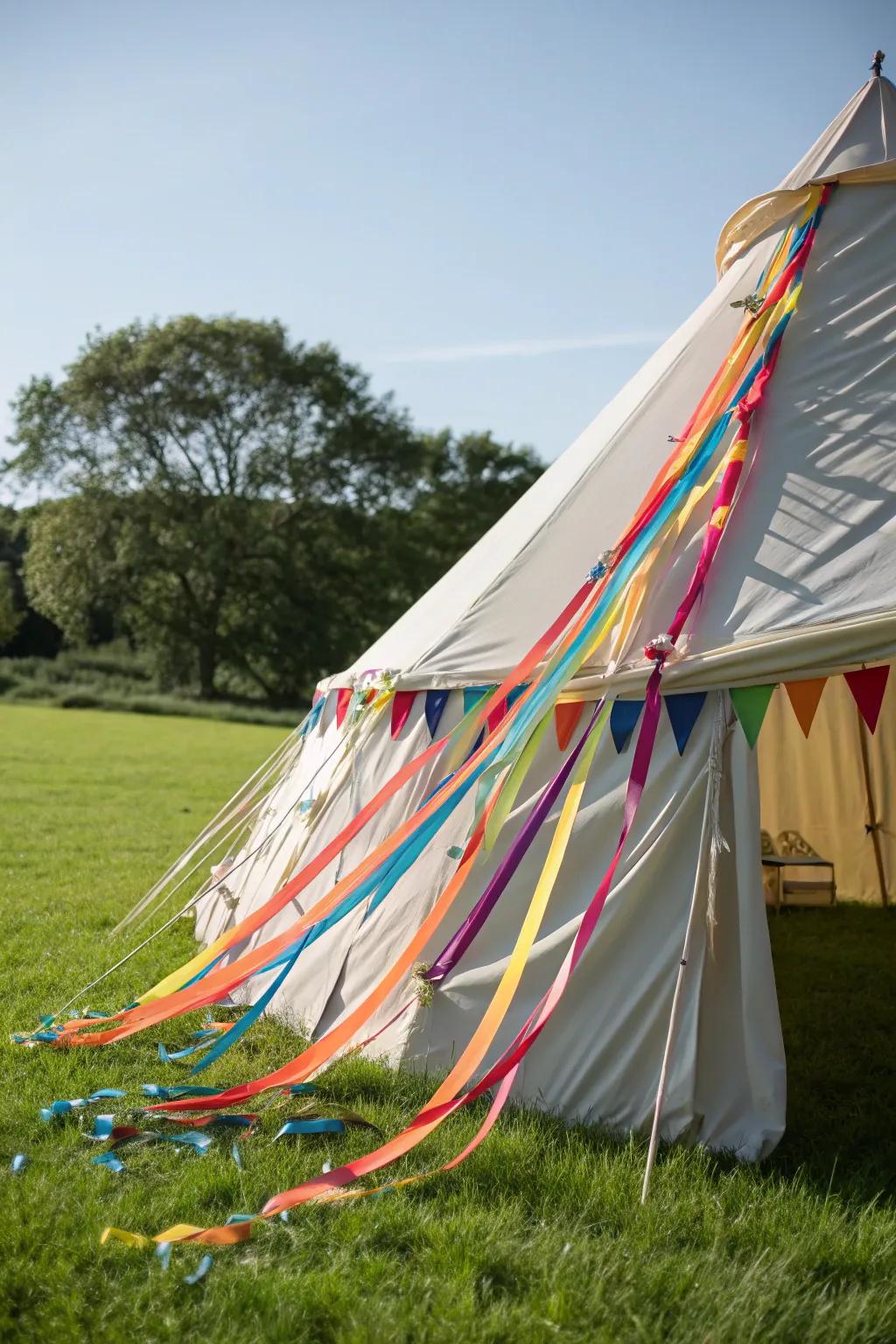 Playful tent with colorful band streamers.